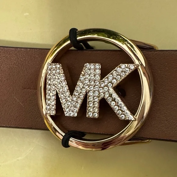 Michael Kors Brown Leather Belt with Gold MK Logo NIB - Picture 2 of 5